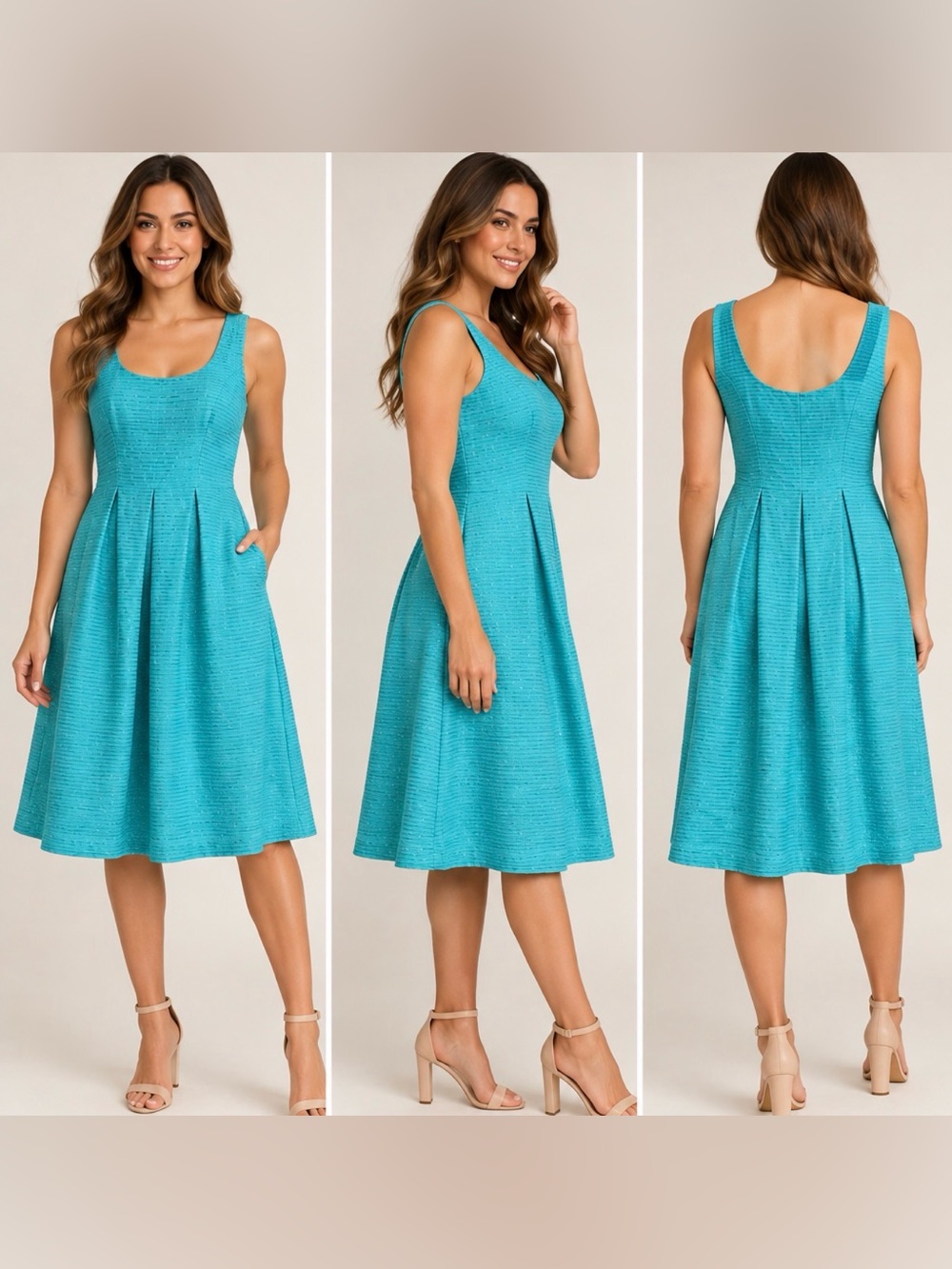 NWT Nine West Turquoise Textured Empire Waist Midi Dress Size 10 Pockets